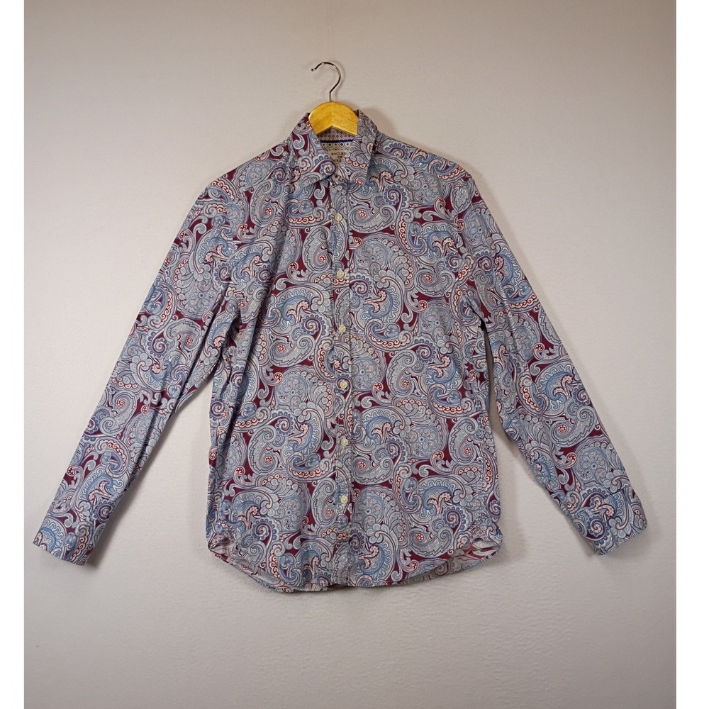 Boho Society of Threads Mens Small Blue Burgundy Paisley Slim Fit Stretch Shirt